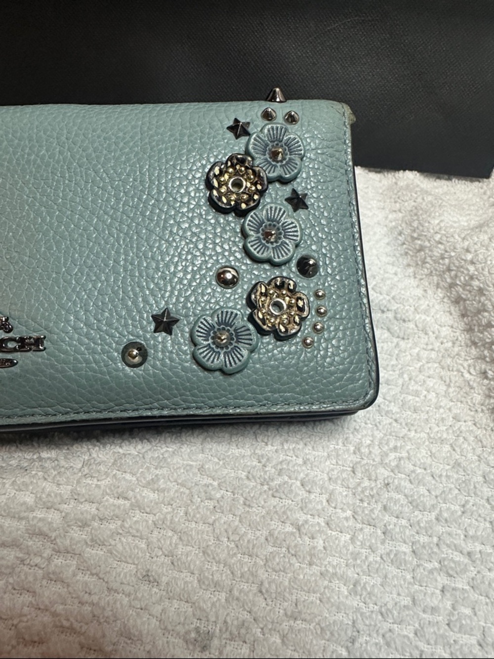 Coach Tea Rose Floral Studded Leather Wallet - Aqua Blue - Picture 3 of 16